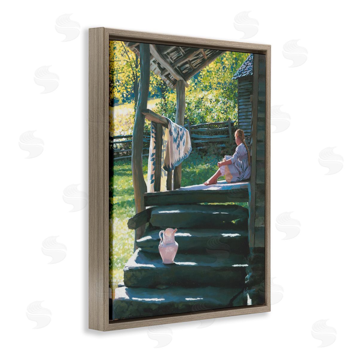 Heide Presse Girl Sitting on Porch with Quilt Brown Floater Frame Canvas Art