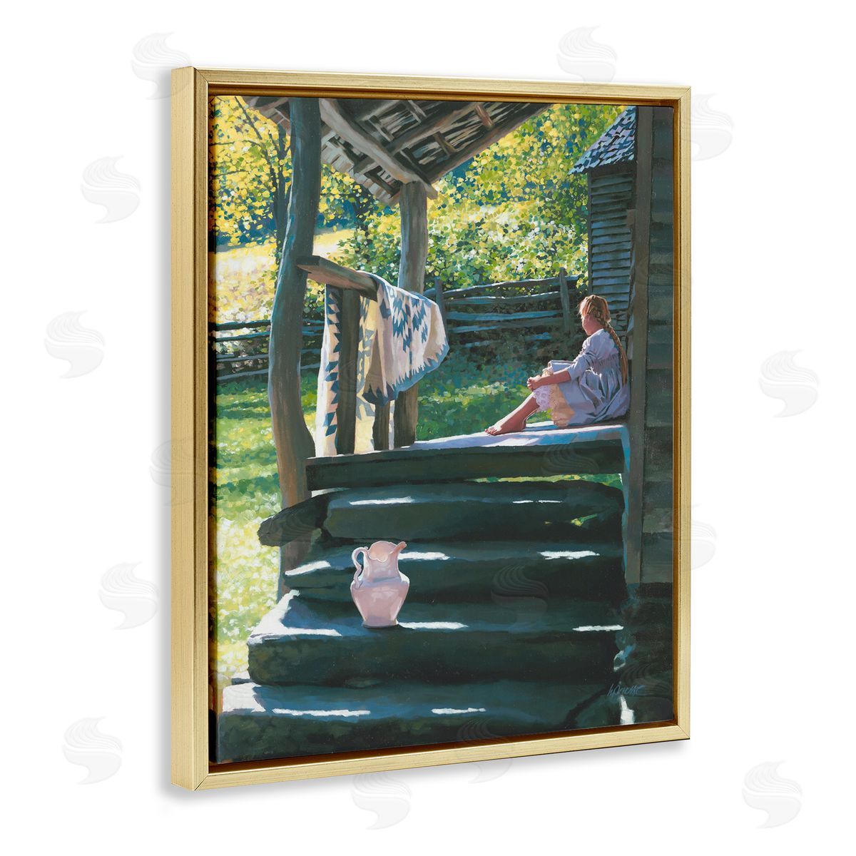 Heide Presse Girl Sitting on Porch with Quilt Gold Floater Frame Canvas Art