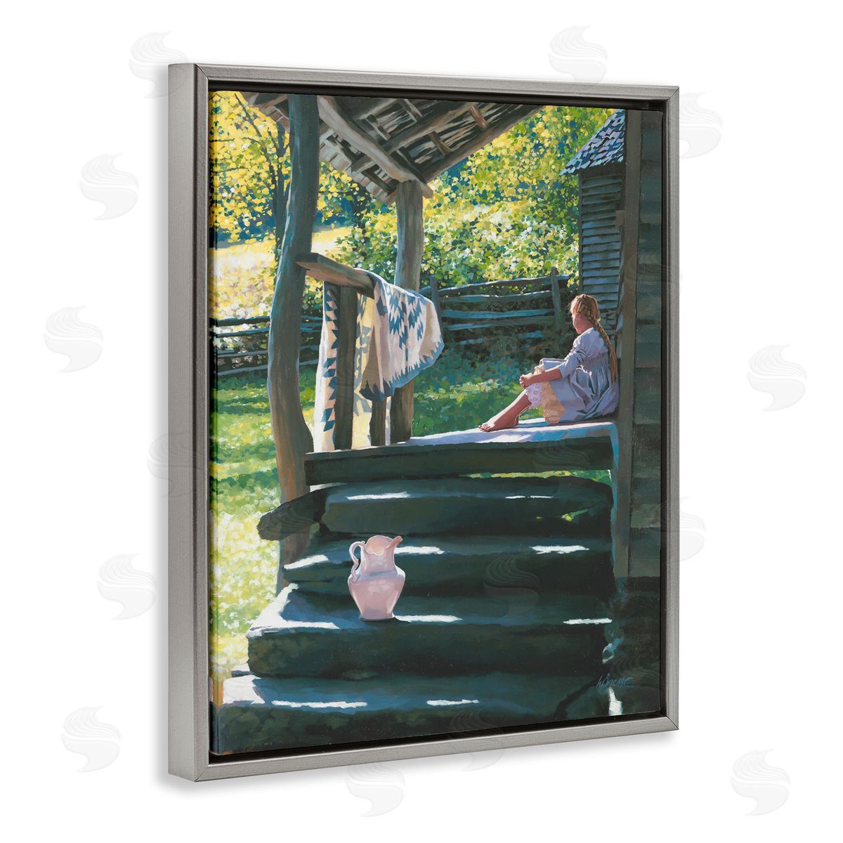 Heide Presse Girl Sitting on Porch with Quilt Gray Floater Frame Canvas Art