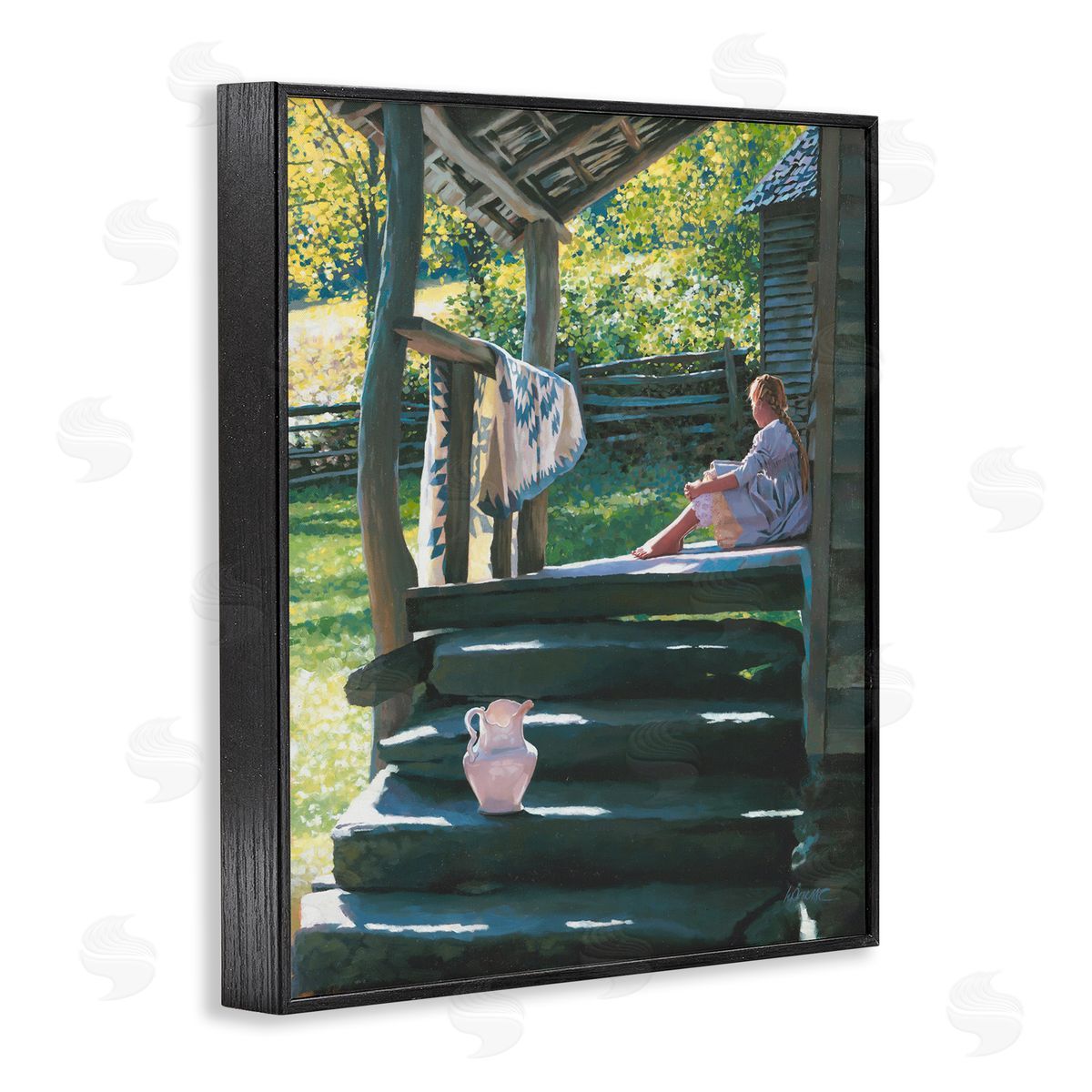 Heide Presse Girl Sitting on Porch with Quilt Black Framed Giclee Wall Art