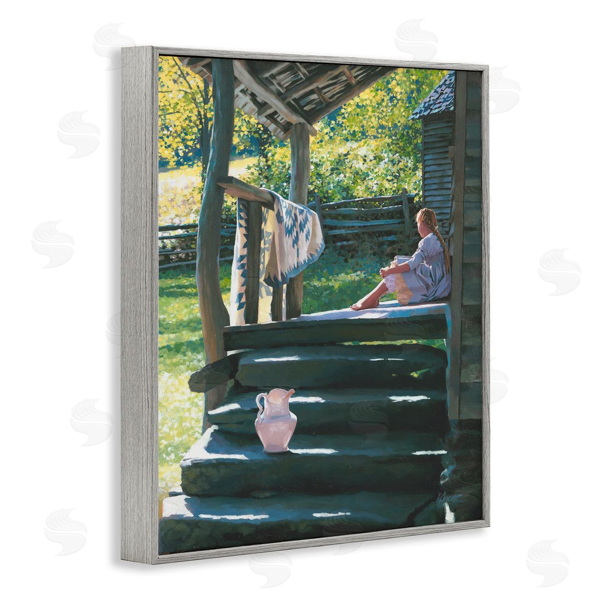 Heide Presse Girl Sitting on Porch with Quilt Gray Framed Giclee Wall Art