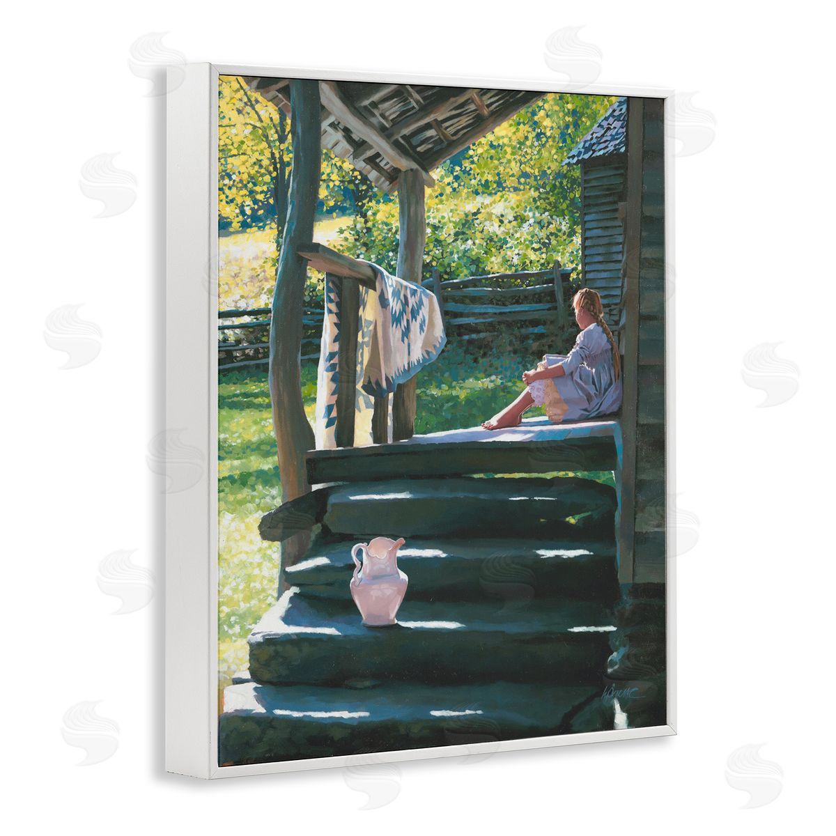 Heide Presse Girl Sitting on Porch with Quilt White Framed Giclee Wall Art