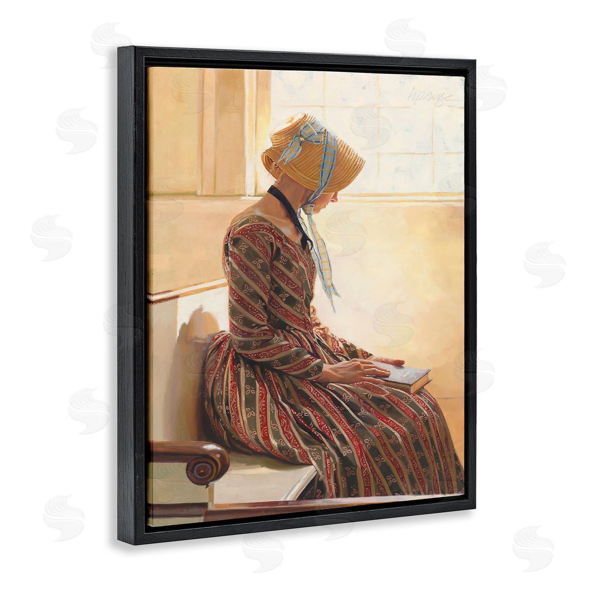 Heide Presse Female in Traditional Clothing with Book Black Floater Frame Canvas Art
