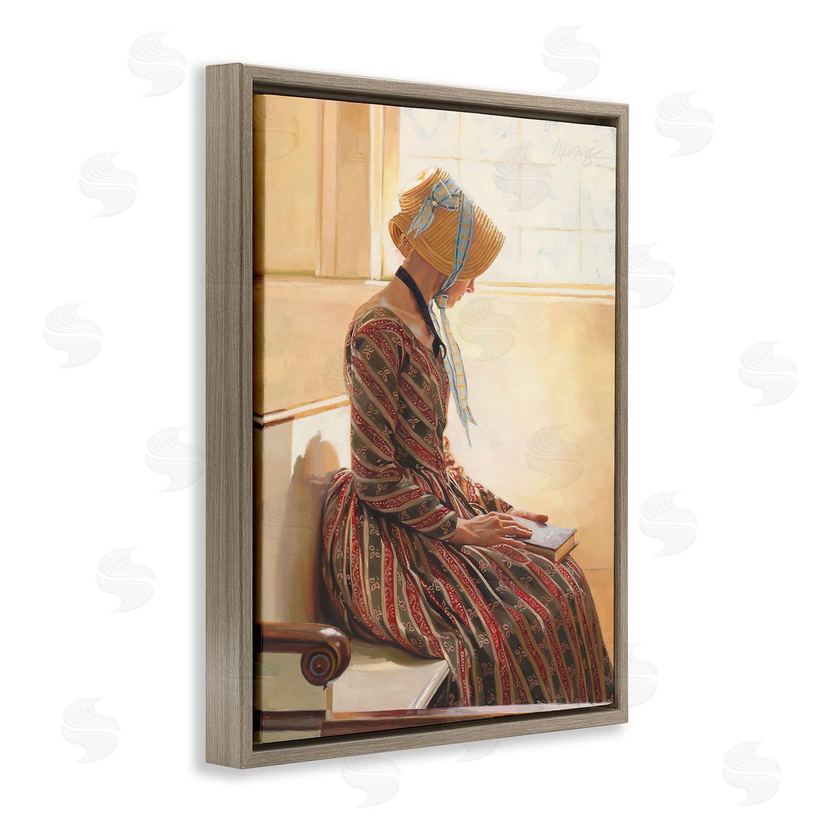 Heide Presse Female in Traditional Clothing with Book Brown Floater Frame Canvas Art