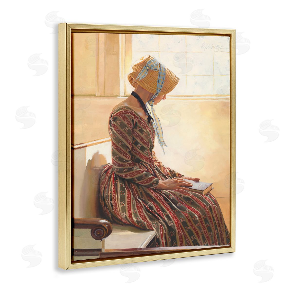 Heide Presse Female in Traditional Clothing with Book Gold Floater Frame Canvas Art