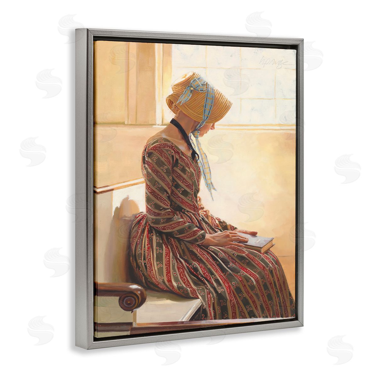 Heide Presse Female in Traditional Clothing with Book Gray Floater Frame Canvas Art