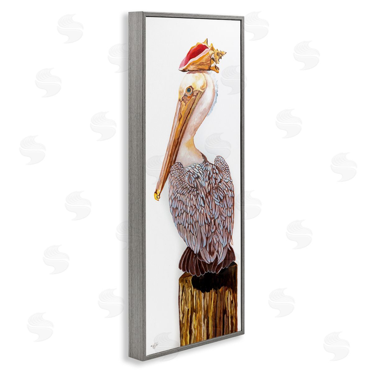 Nautical Pelican with Sea Shell Grey Frame Print Wall Art, Home Decor by Diane Fifer