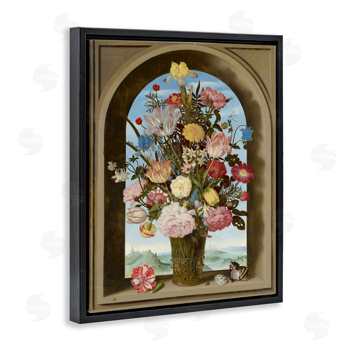 Ziwei Li Vintage Floral Bouquet Gothic Window Black Floater Frame Canvas Art