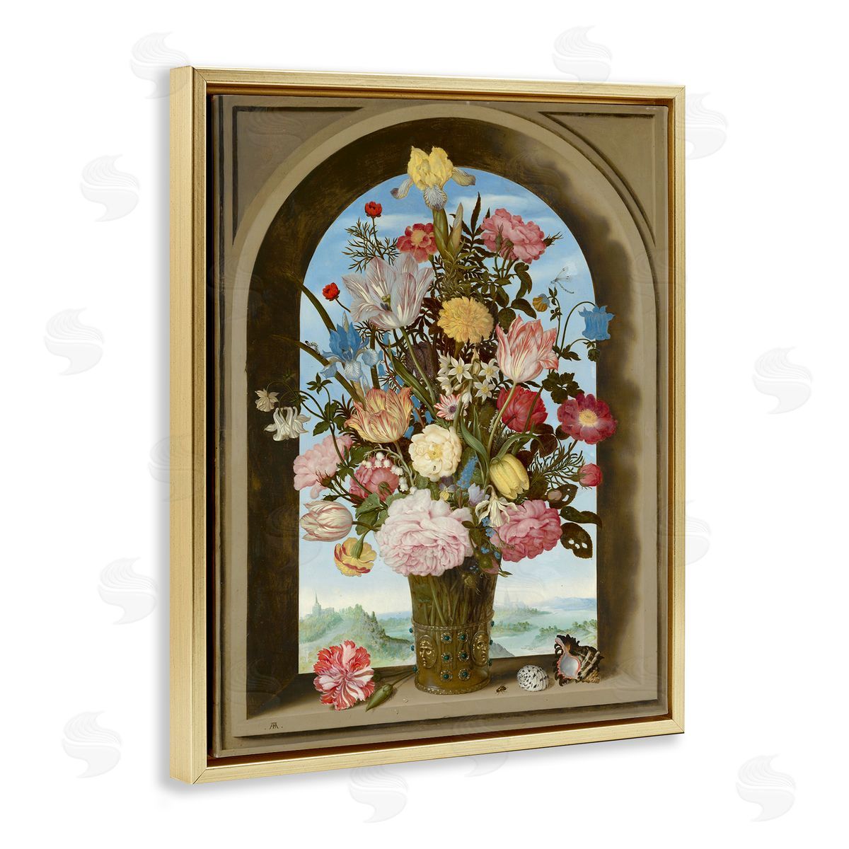Ziwei Li Vintage Floral Bouquet Gothic Window Gold Floater Frame Canvas Art