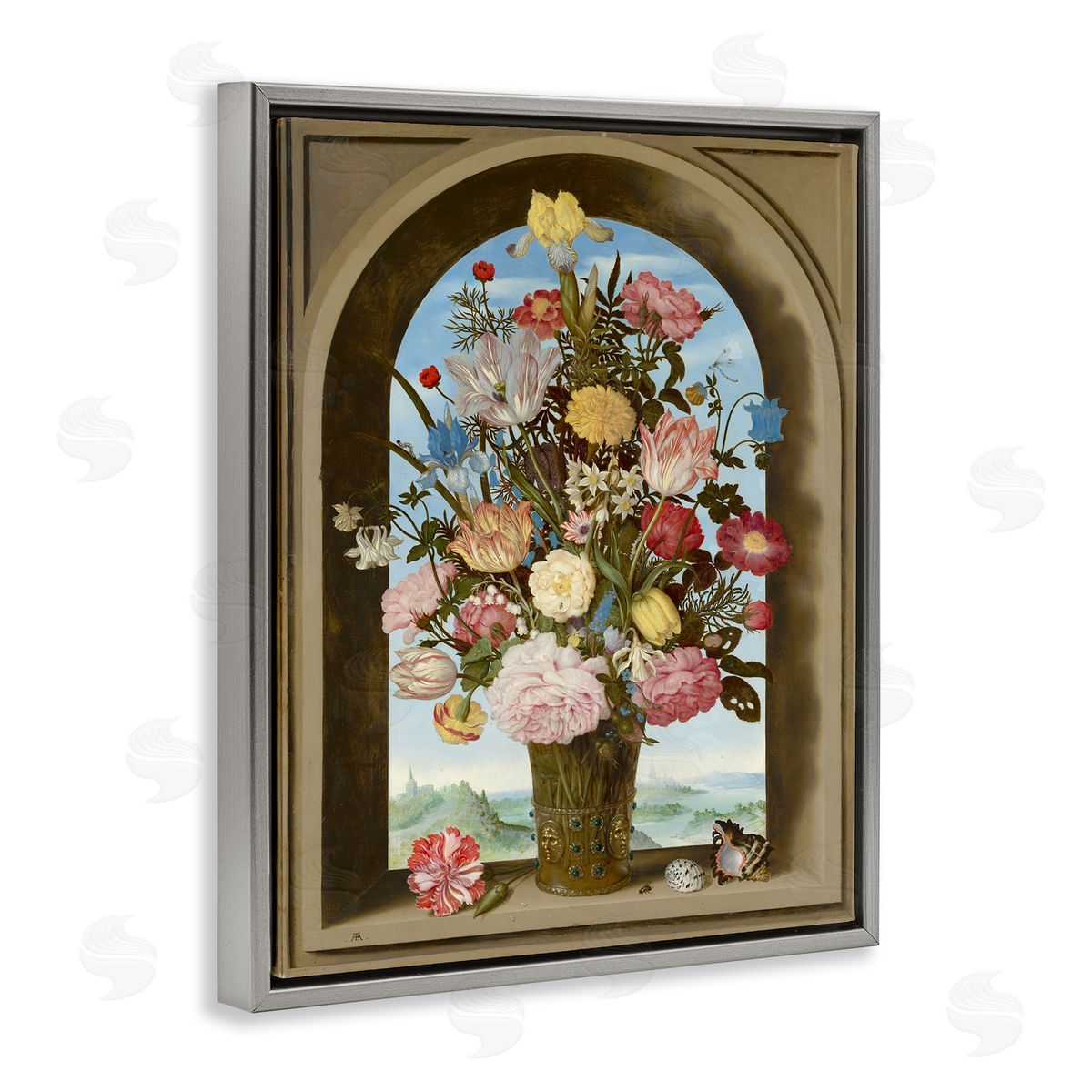Ziwei Li Vintage Floral Bouquet Gothic Window Gray Floater Frame Canvas Art