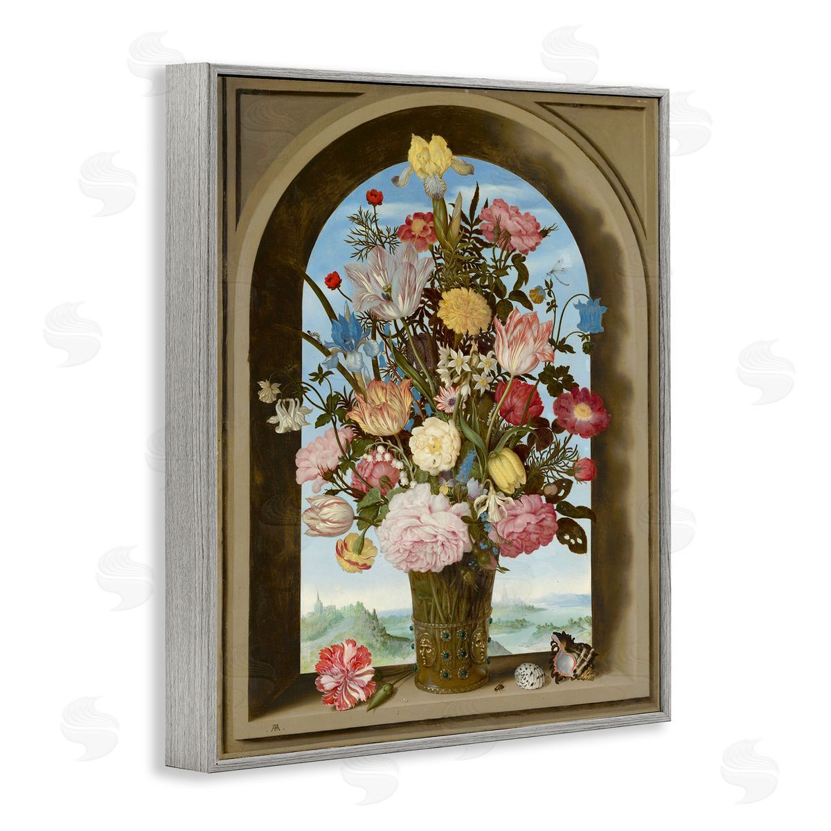 Ziwei Li Vintage Floral Bouquet Gothic Window Gray Framed Giclee Wall Art