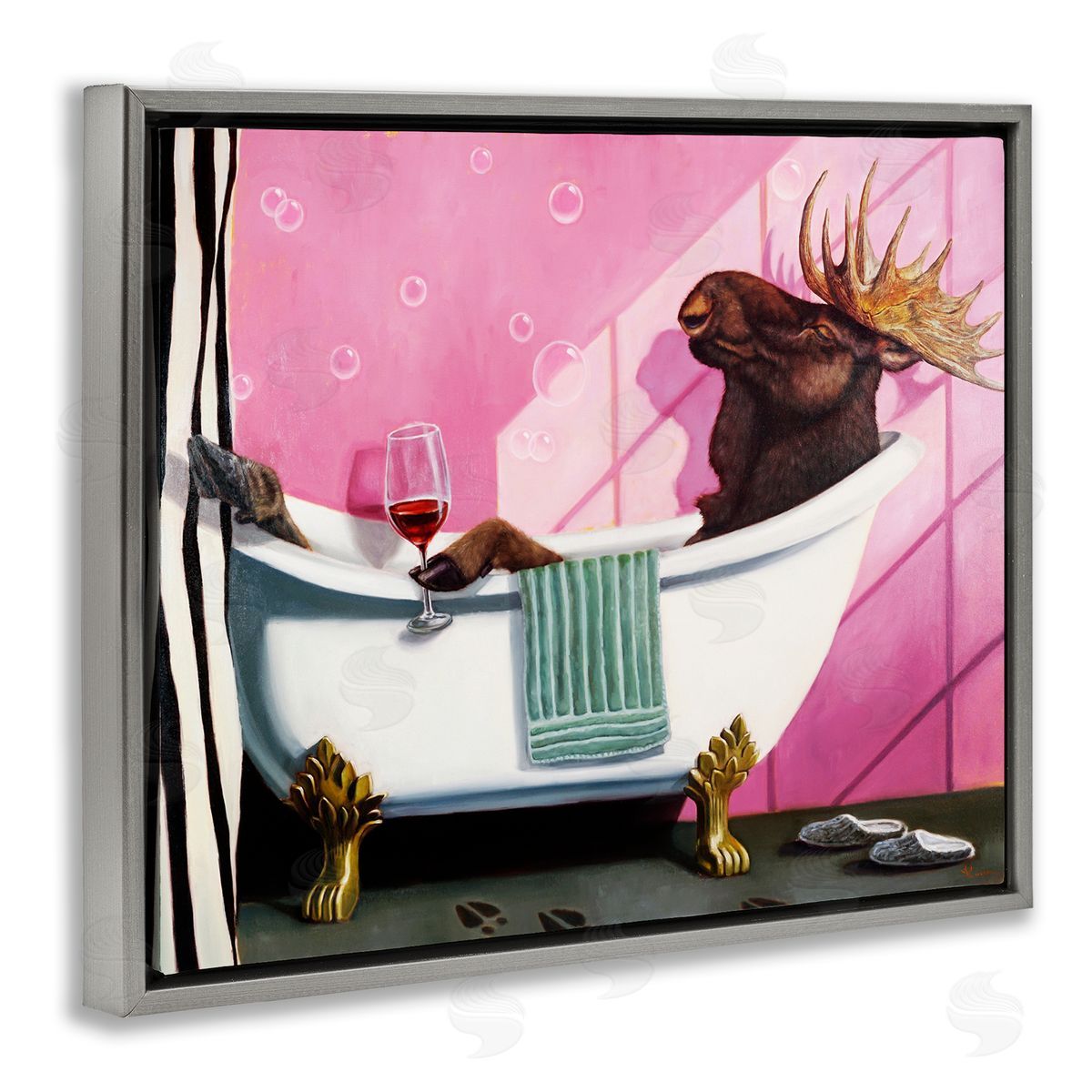 Lucia Heffernan Moose with Wine Bathroom Claw Tub Gray Floater Frame Canvas Art