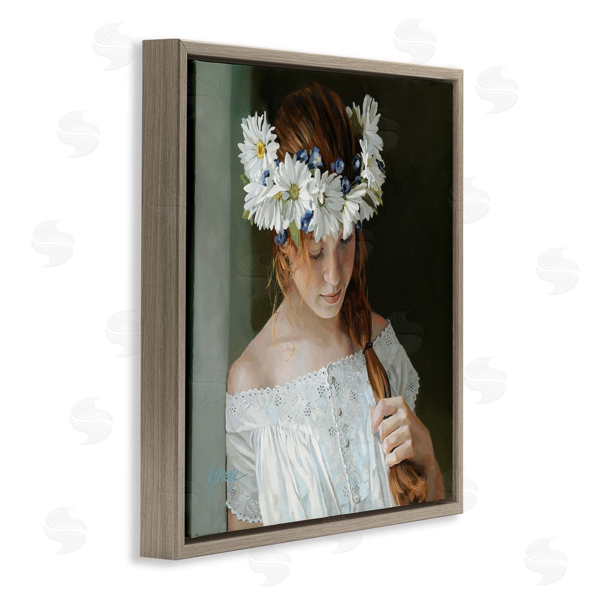 Heide Presse Girl with Floral Daisy Crown Brown Floater Frame Canvas Art