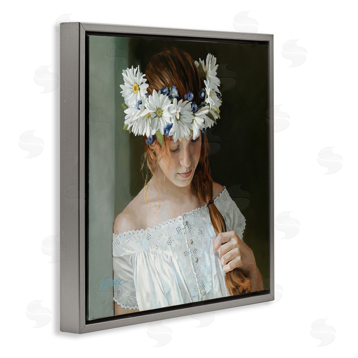 Heide Presse Girl with Floral Daisy Crown Gray Floater Frame Canvas Art