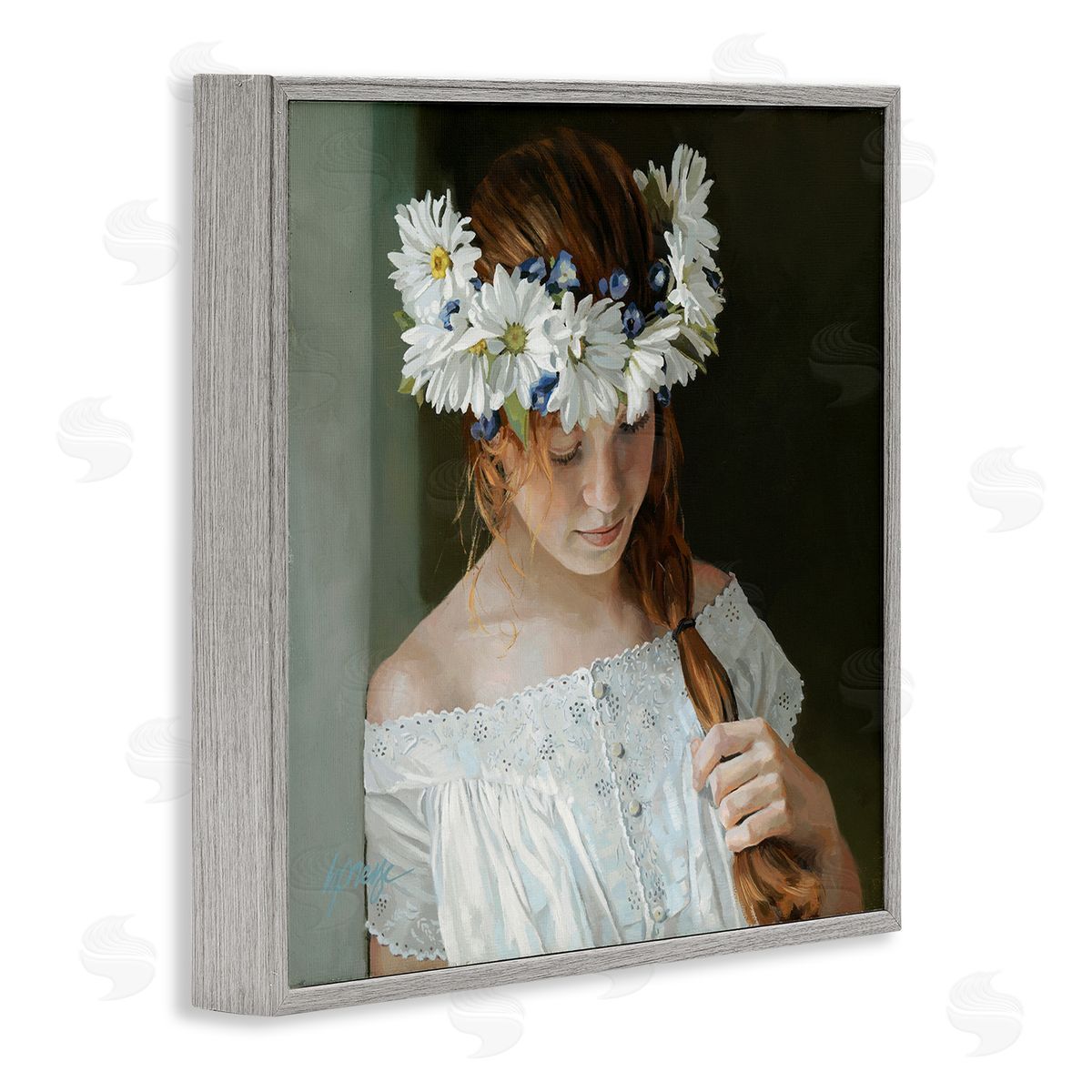 Heide Presse Girl with Floral Daisy Crown Gray Framed Giclee Wall Art