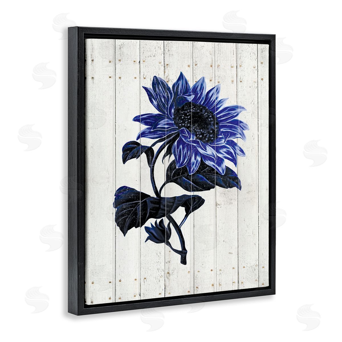 JG Studios Blue Sunflower Illustration White Farm Fence Black Floater Frame Canvas Art