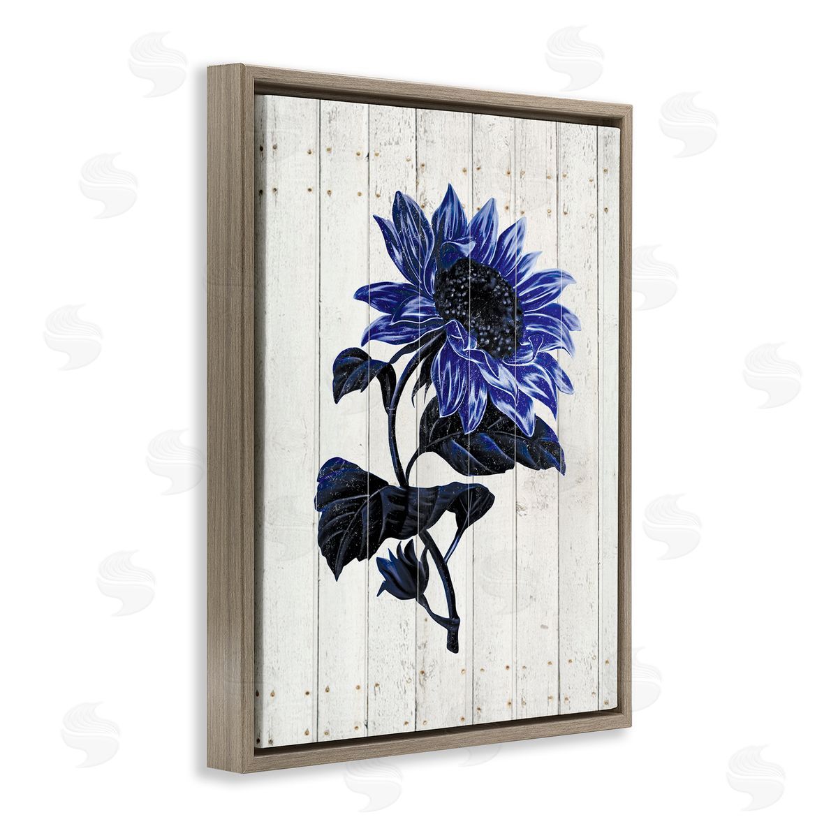 JG Studios Blue Sunflower Illustration White Farm Fence Brown Floater Frame Canvas Art