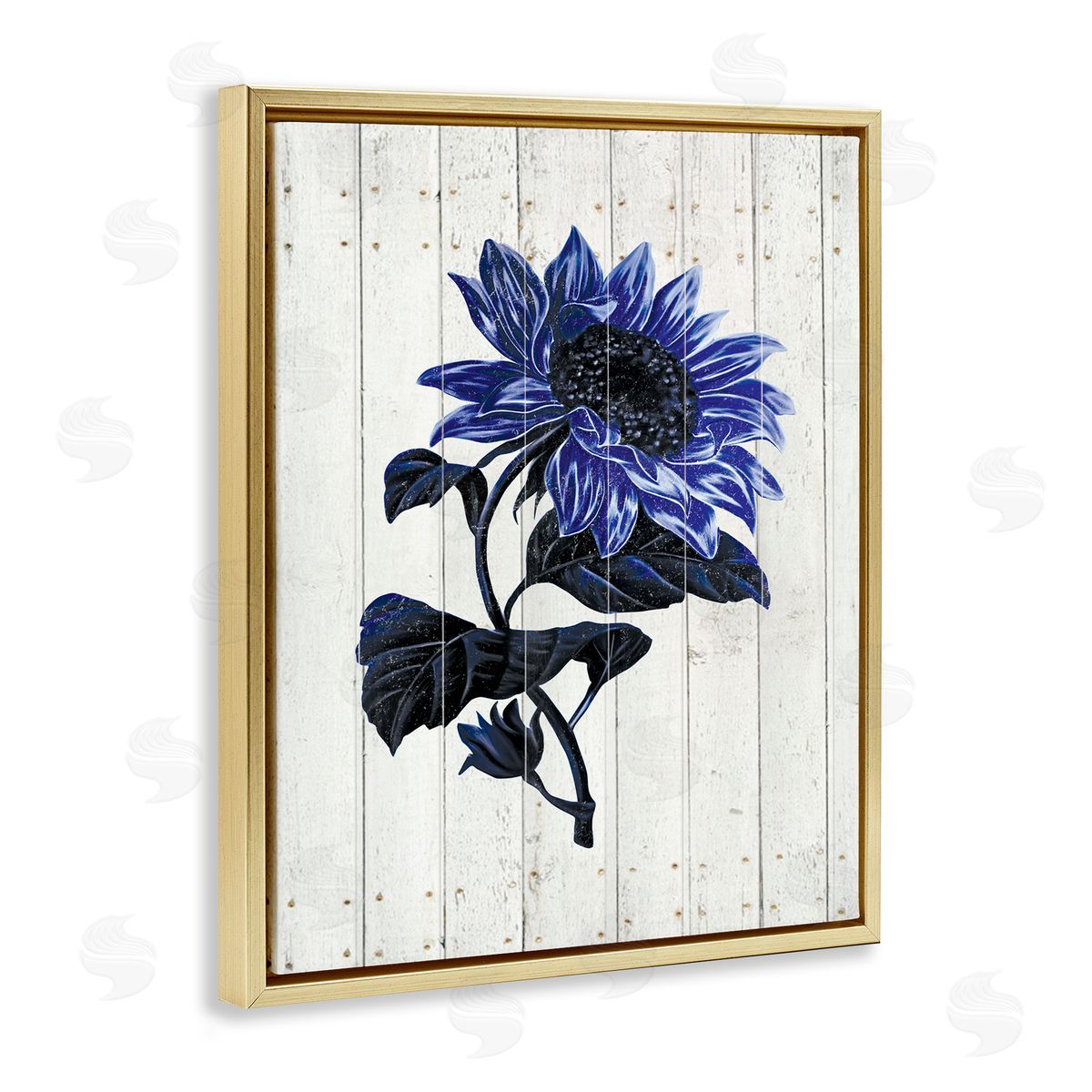 JG Studios Blue Sunflower Illustration White Farm Fence Gold Floater Frame Canvas Art