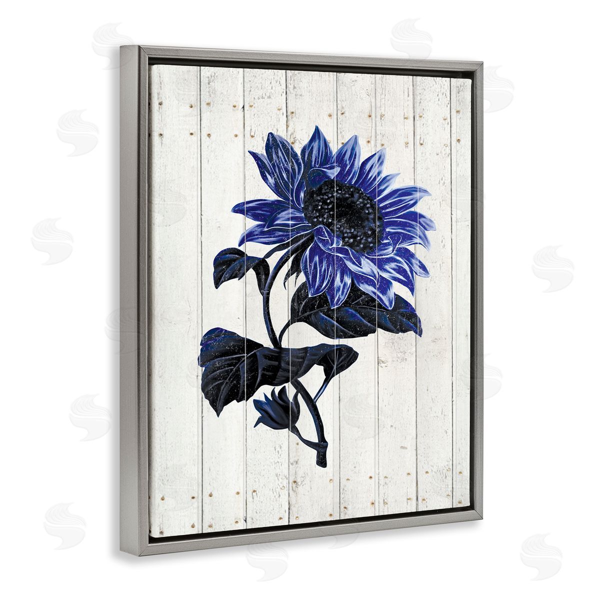 JG Studios Blue Sunflower Illustration White Farm Fence Gray Floater Frame Canvas Art