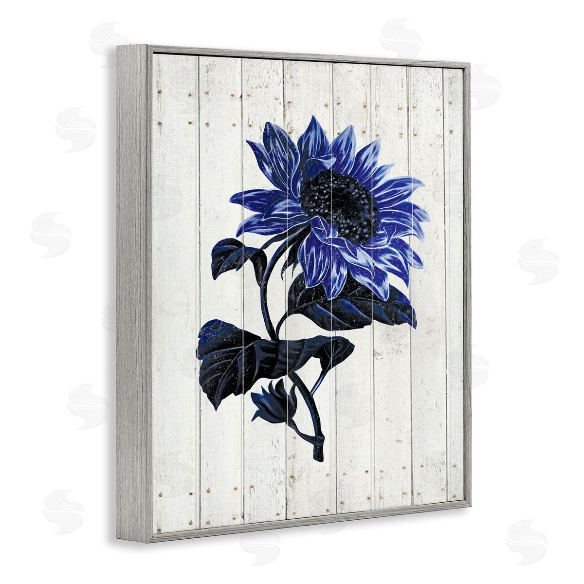 JG Studios Blue Sunflower Illustration White Farm Fence Gray Framed Giclee Wall Art