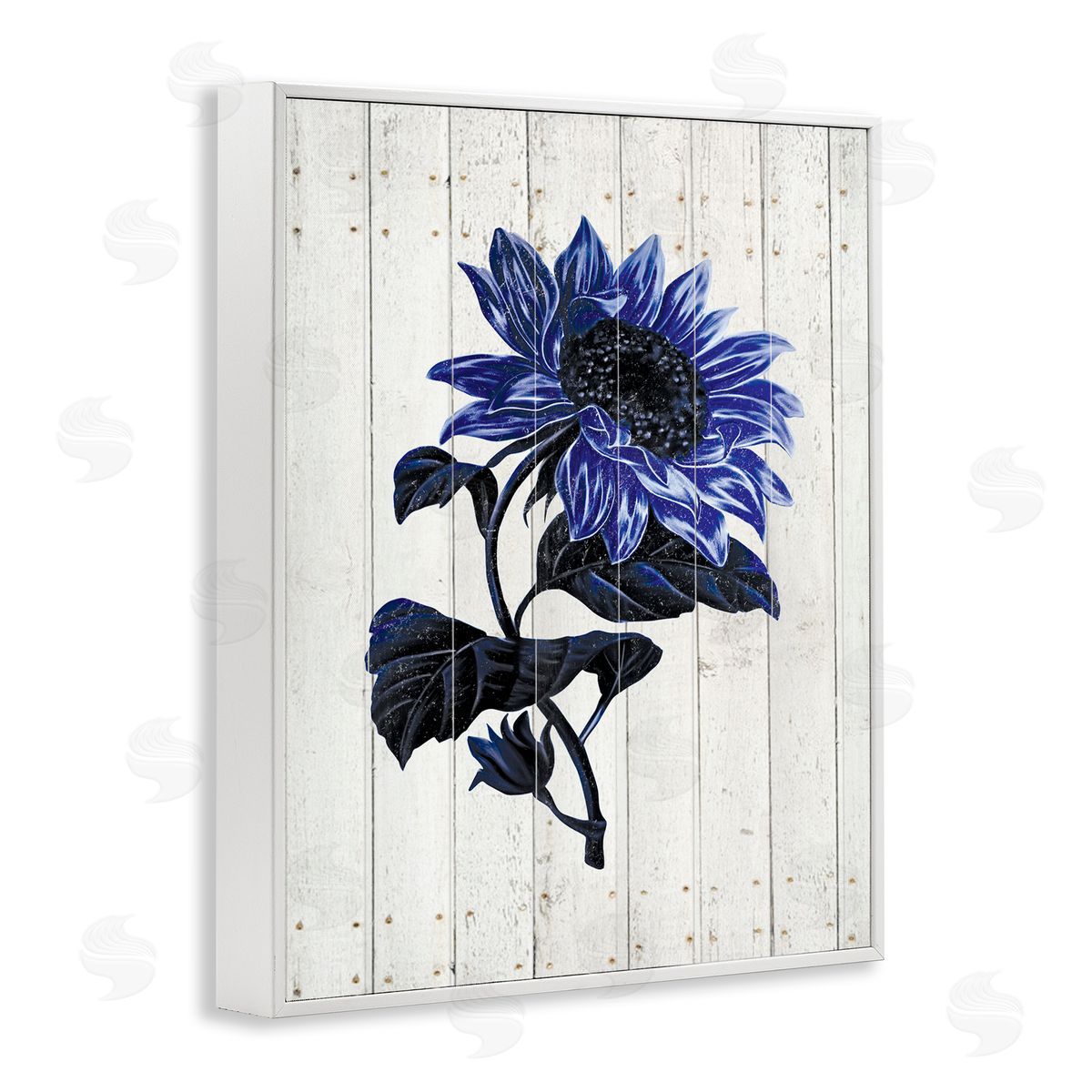 JG Studios Blue Sunflower Illustration White Farm Fence White Framed Giclee Wall Art