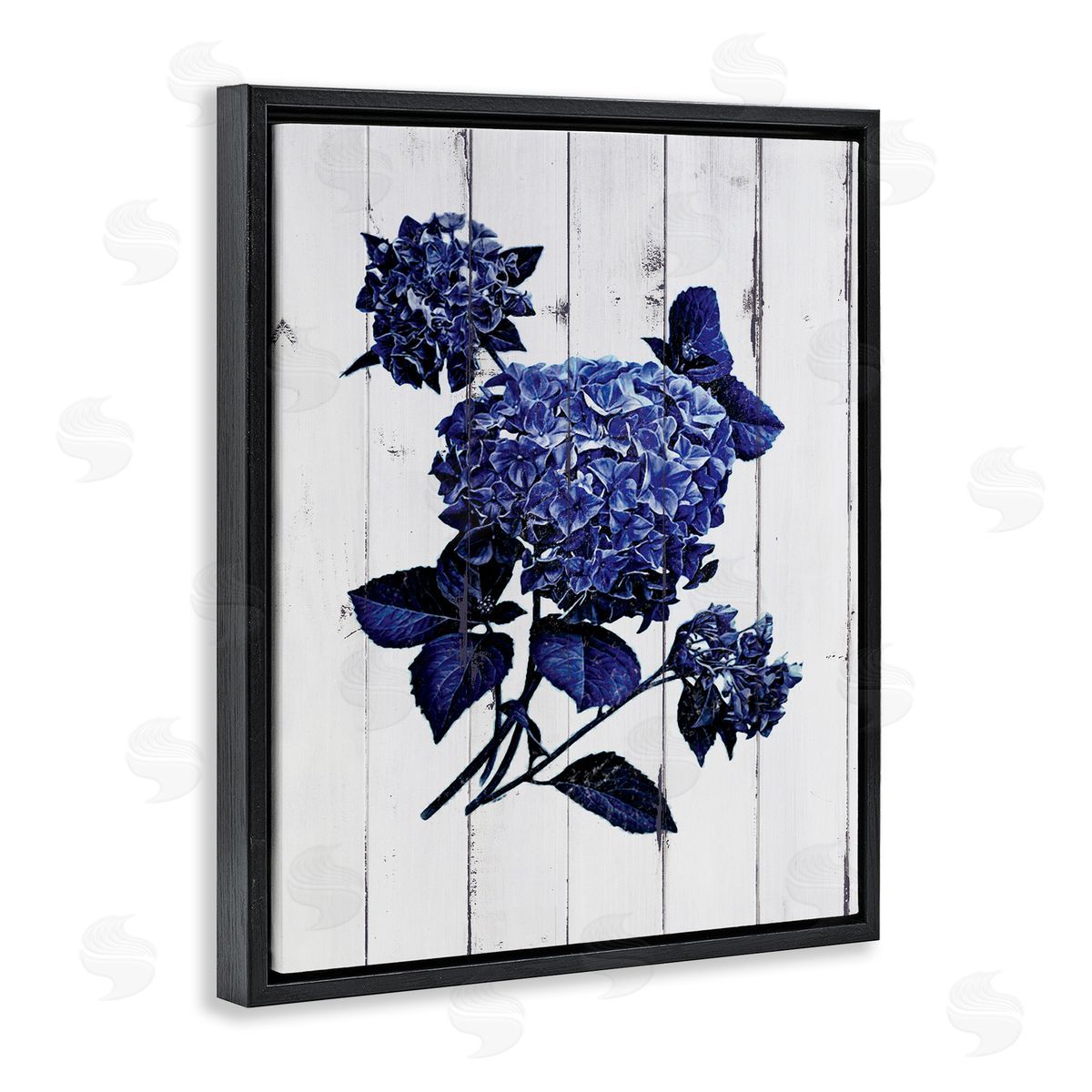 JG Studios Blue Hydrangea Distressed Wood Pattern  Black Floater Frame Canvas Art