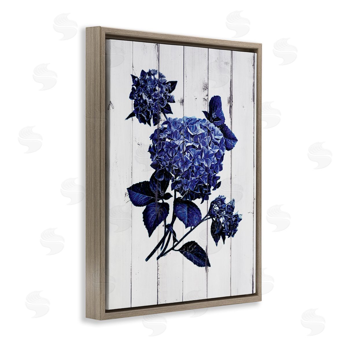 JG Studios Blue Hydrangea Distressed Wood Pattern  Brown Floater Frame Canvas Art