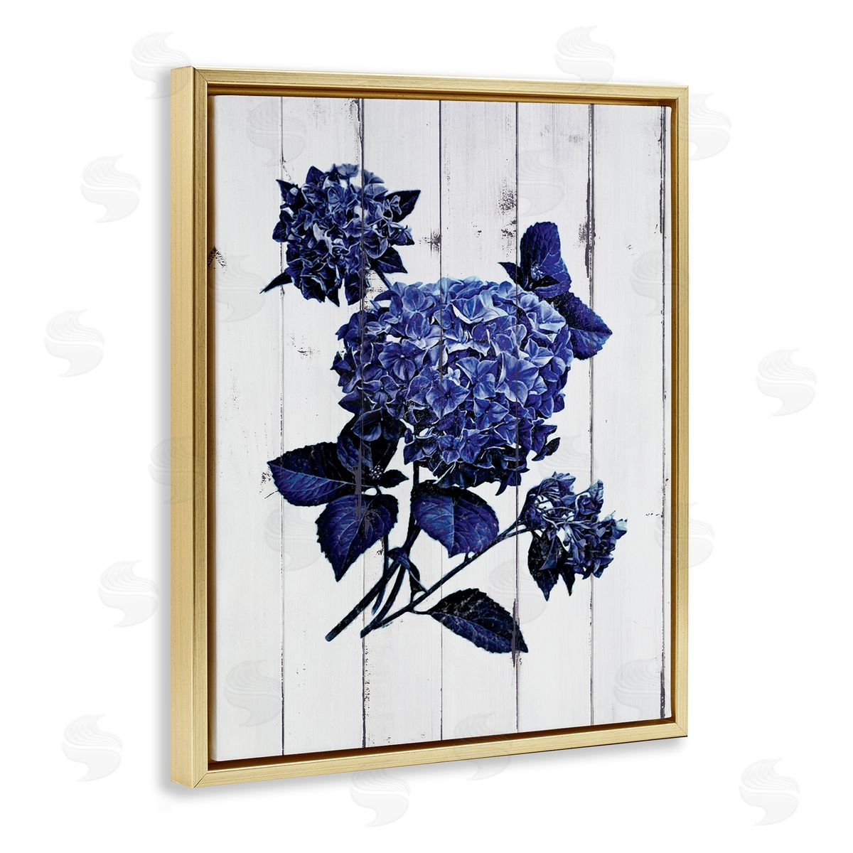JG Studios Blue Hydrangea Distressed Wood Pattern  Gold Floater Frame Canvas Art
