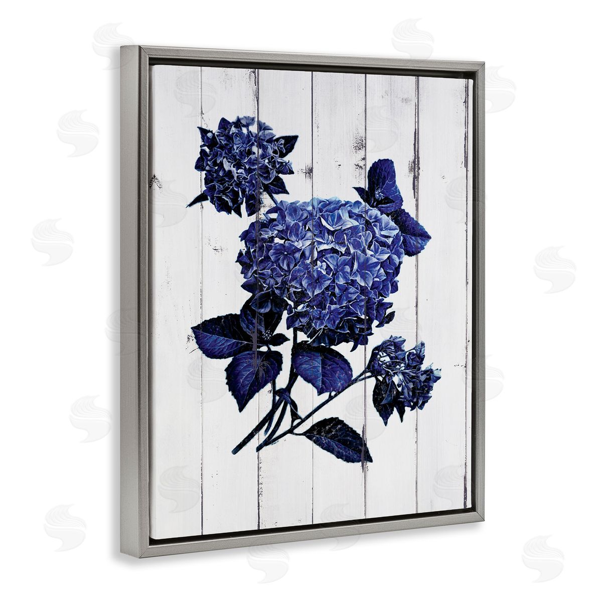 JG Studios Blue Hydrangea Distressed Wood Pattern  Gray Floater Frame Canvas Art