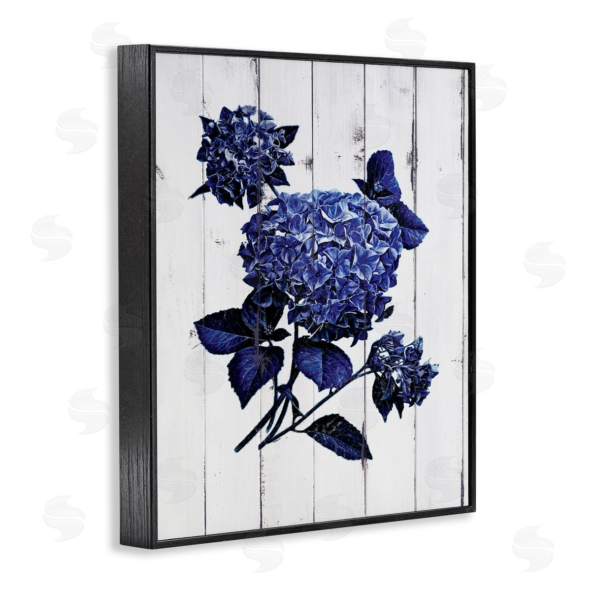 JG Studios Blue Hydrangea Distressed Wood Pattern  Black Framed Giclee Wall Art