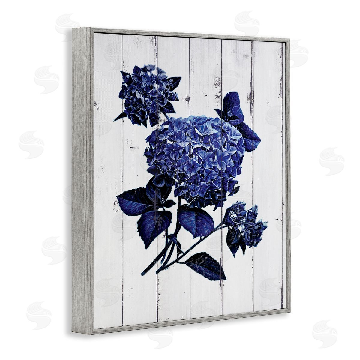 JG Studios Blue Hydrangea Distressed Wood Pattern  Gray Framed Giclee Wall Art