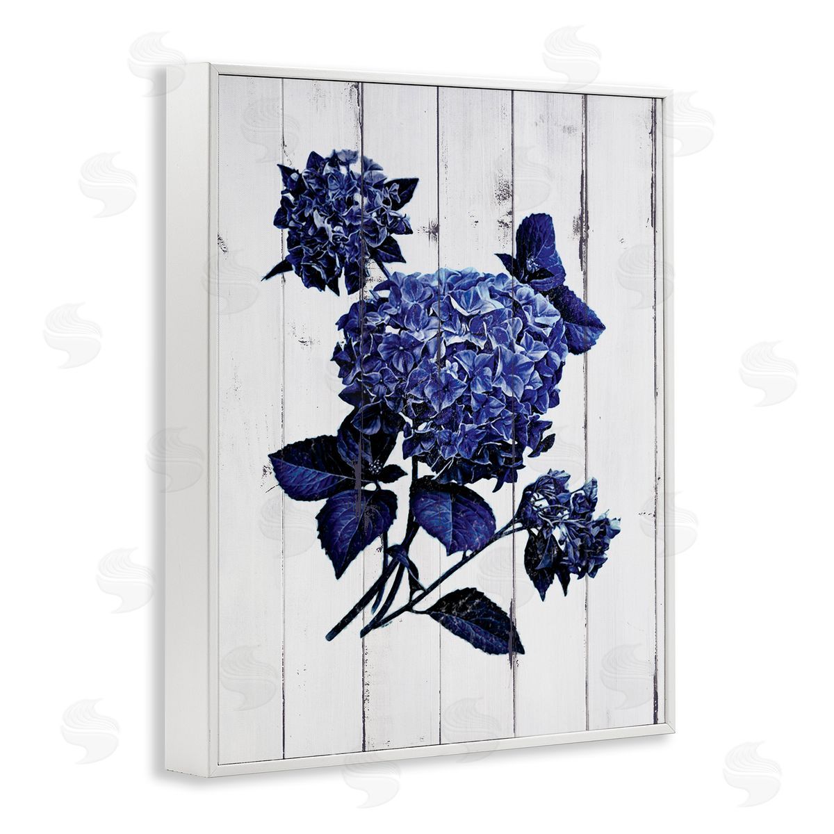 JG Studios Blue Hydrangea Distressed Wood Pattern  White Framed Giclee Wall Art