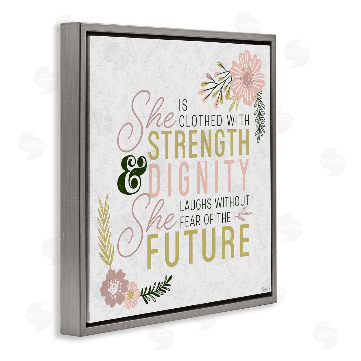 Gigi Louise She's Clothed with Strength Florals Gray Floater Frame Canvas Art