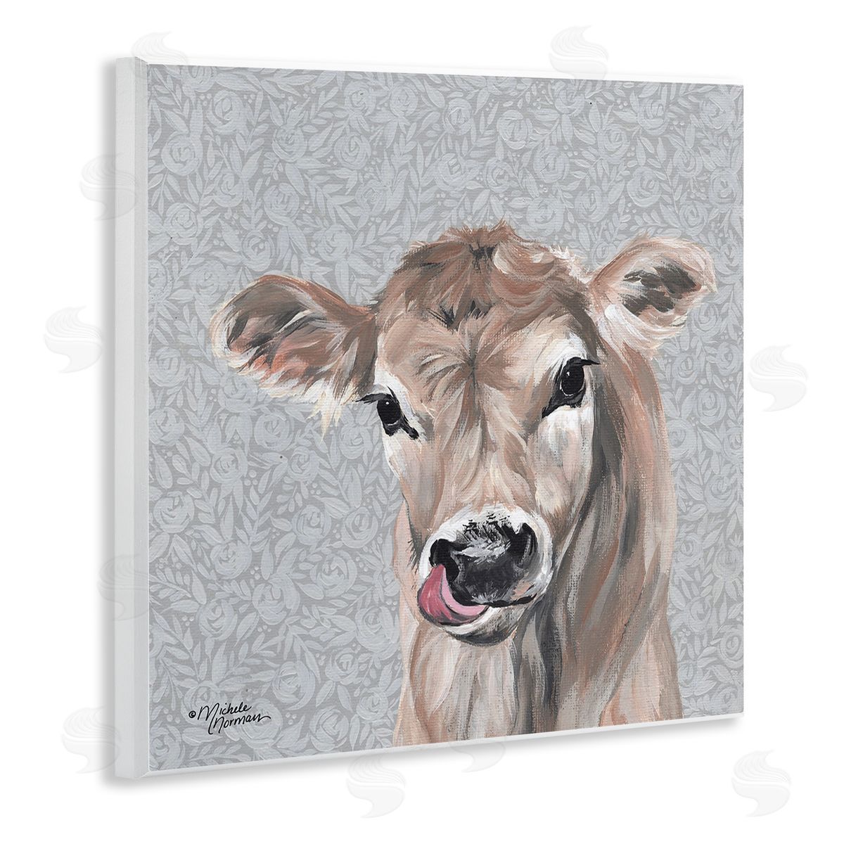 Young Calf Portrait on Floral Wood Plaque Wall Art, Home Decor by Michele Norman