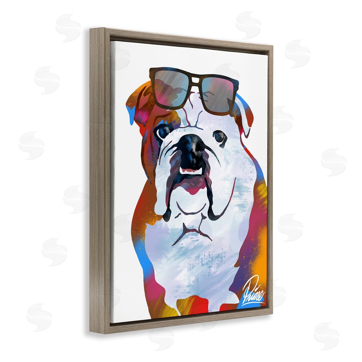 Marcus Prime Colorful Bulldog Portrait Stylish Sunglasses Brown Floater Frame Canvas Art