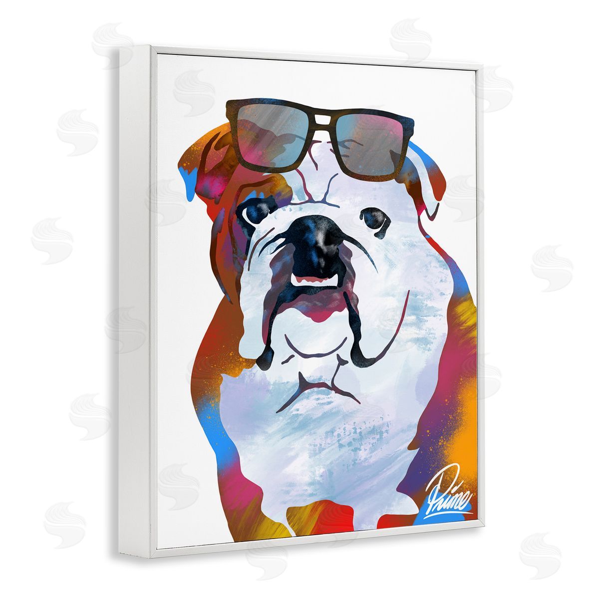 Marcus Prime Colorful Bulldog Portrait Stylish Sunglasses White Framed Giclee Wall Art