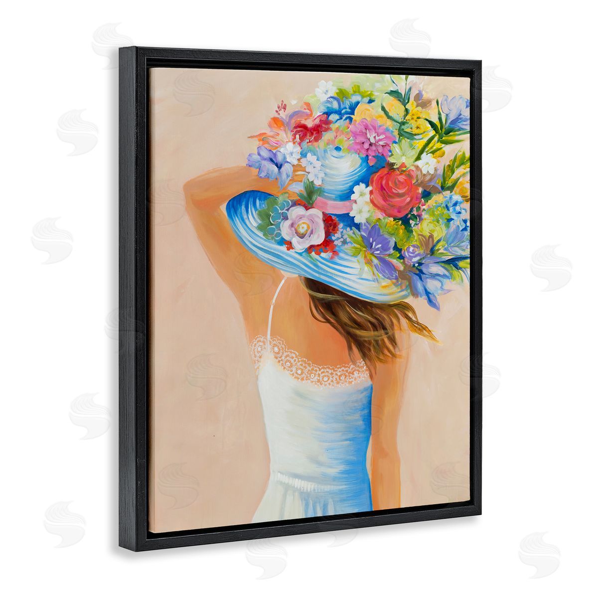 Liz Jardine Girl Holding Floral Bouquet Brimmed Hat Black Floater Frame Canvas Art