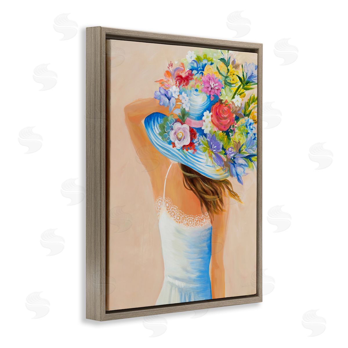 Liz Jardine Girl Holding Floral Bouquet Brimmed Hat Brown Floater Frame Canvas Art