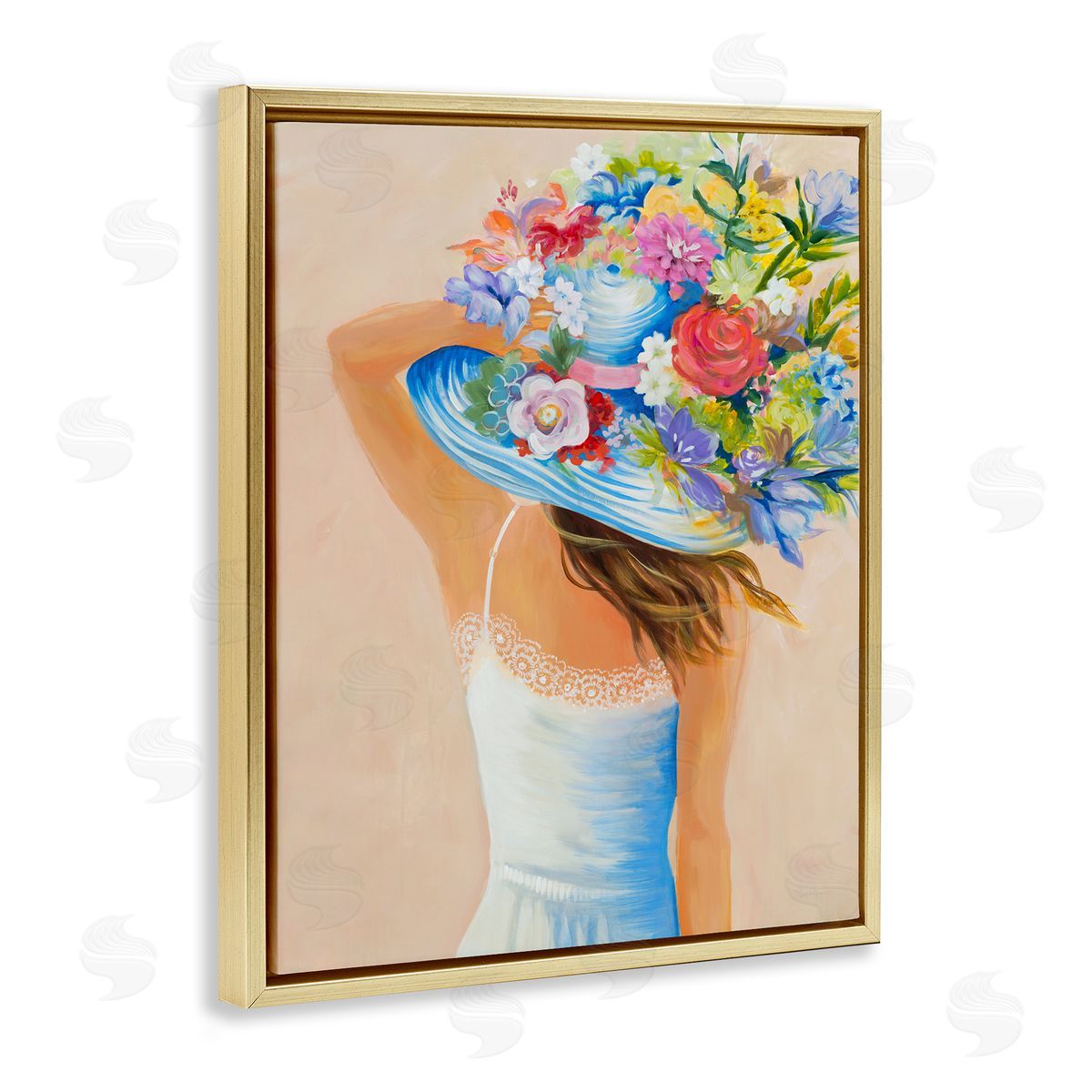 Liz Jardine Girl Holding Floral Bouquet Brimmed Hat Gold Floater Frame Canvas Art