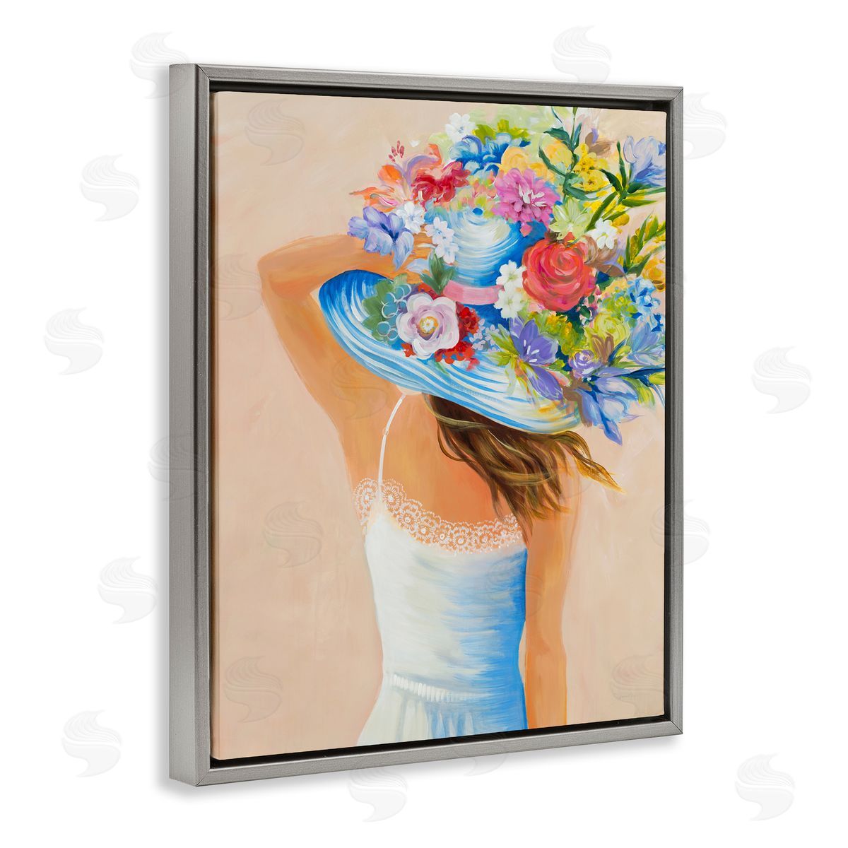 Liz Jardine Girl Holding Floral Bouquet Brimmed Hat Gray Floater Frame Canvas Art