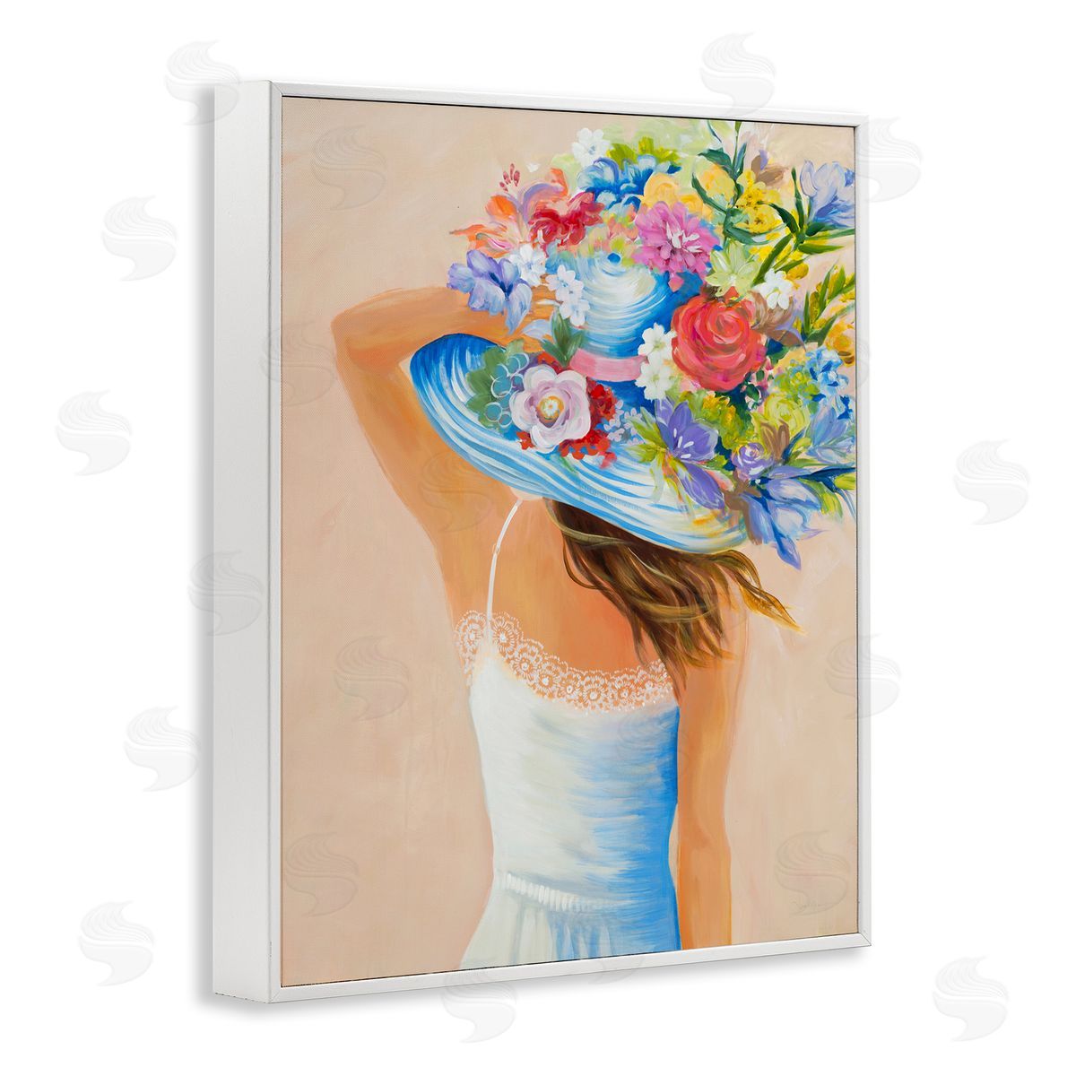 Liz Jardine Girl Holding Floral Bouquet Brimmed Hat White Framed Giclee Wall Art