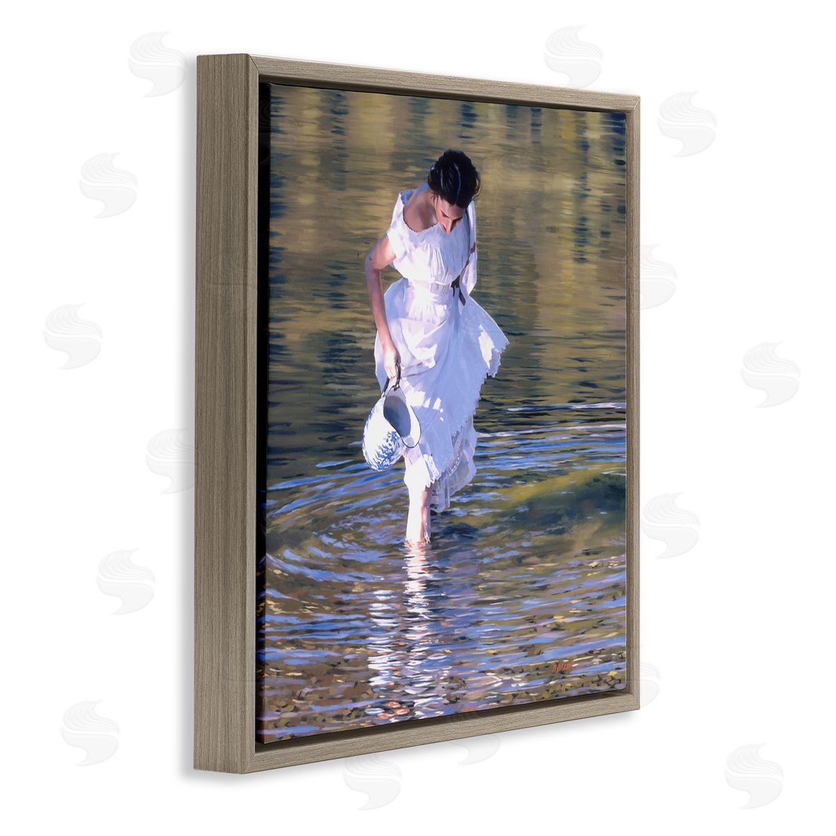 Heide Presse Woman in Stream Realistic Painting Brown Floater Frame Canvas Art