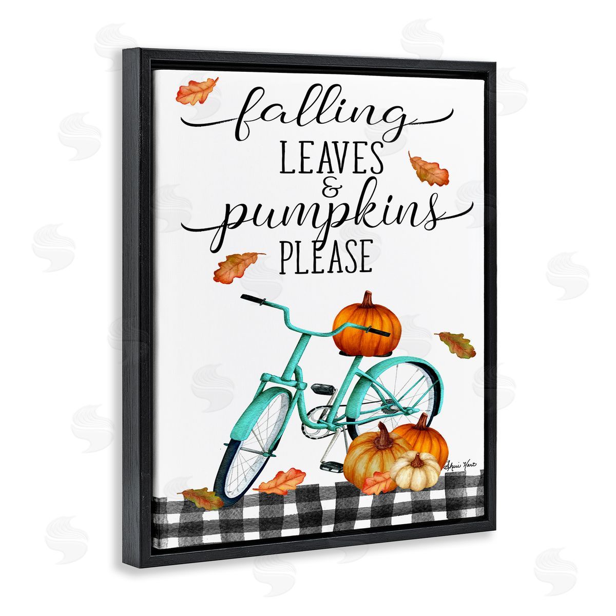 Sheri Hart Fall Leaves Pumpkin Bicycle Sign Black Floater Frame Canvas Art