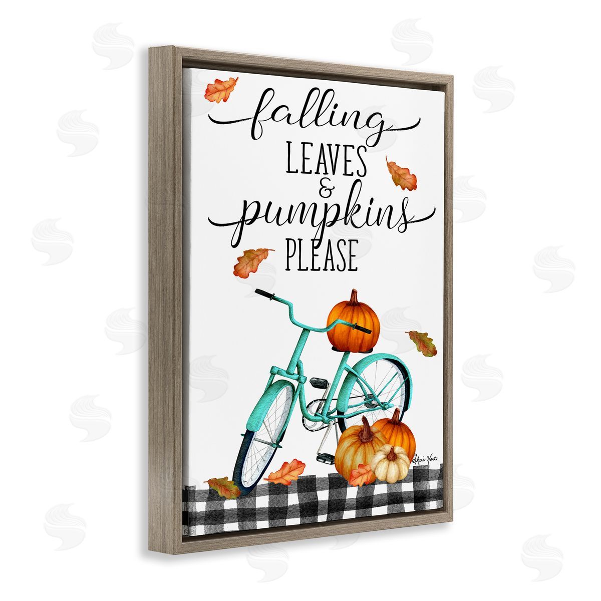 Sheri Hart Fall Leaves Pumpkin Bicycle Sign Brown Floater Frame Canvas Art