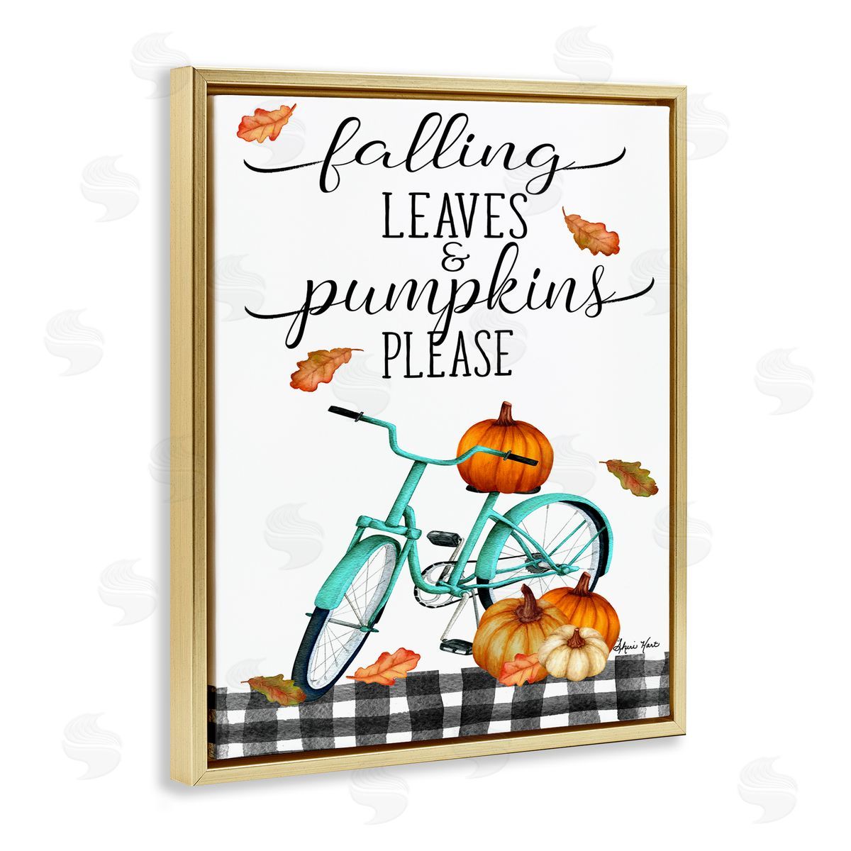 Sheri Hart Fall Leaves Pumpkin Bicycle Sign Gold Floater Frame Canvas Art