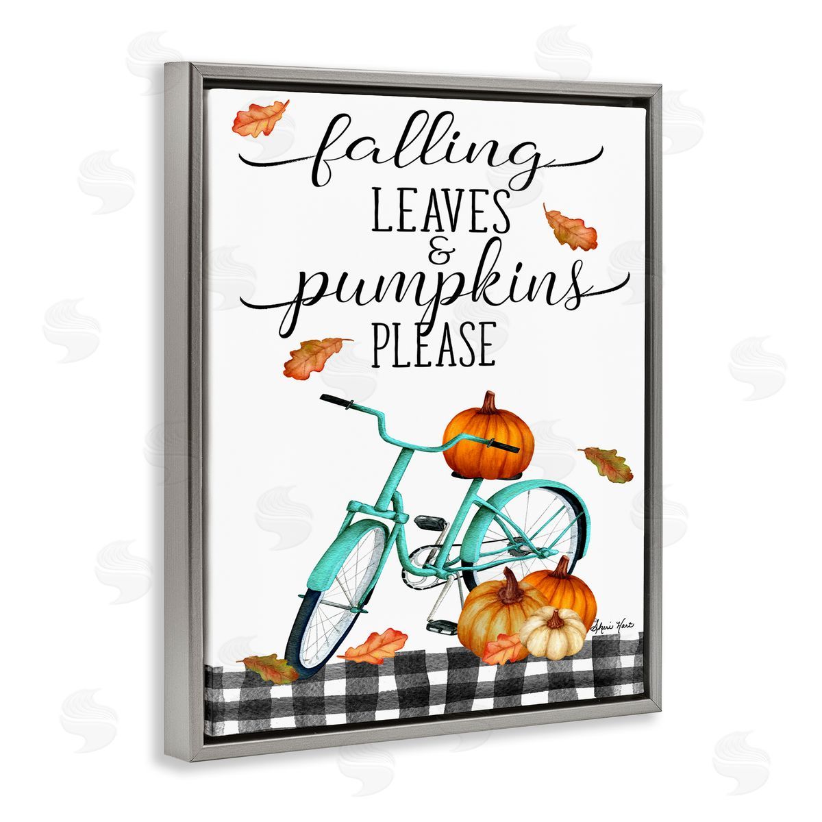 Sheri Hart Fall Leaves Pumpkin Bicycle Sign Gray Floater Frame Canvas Art