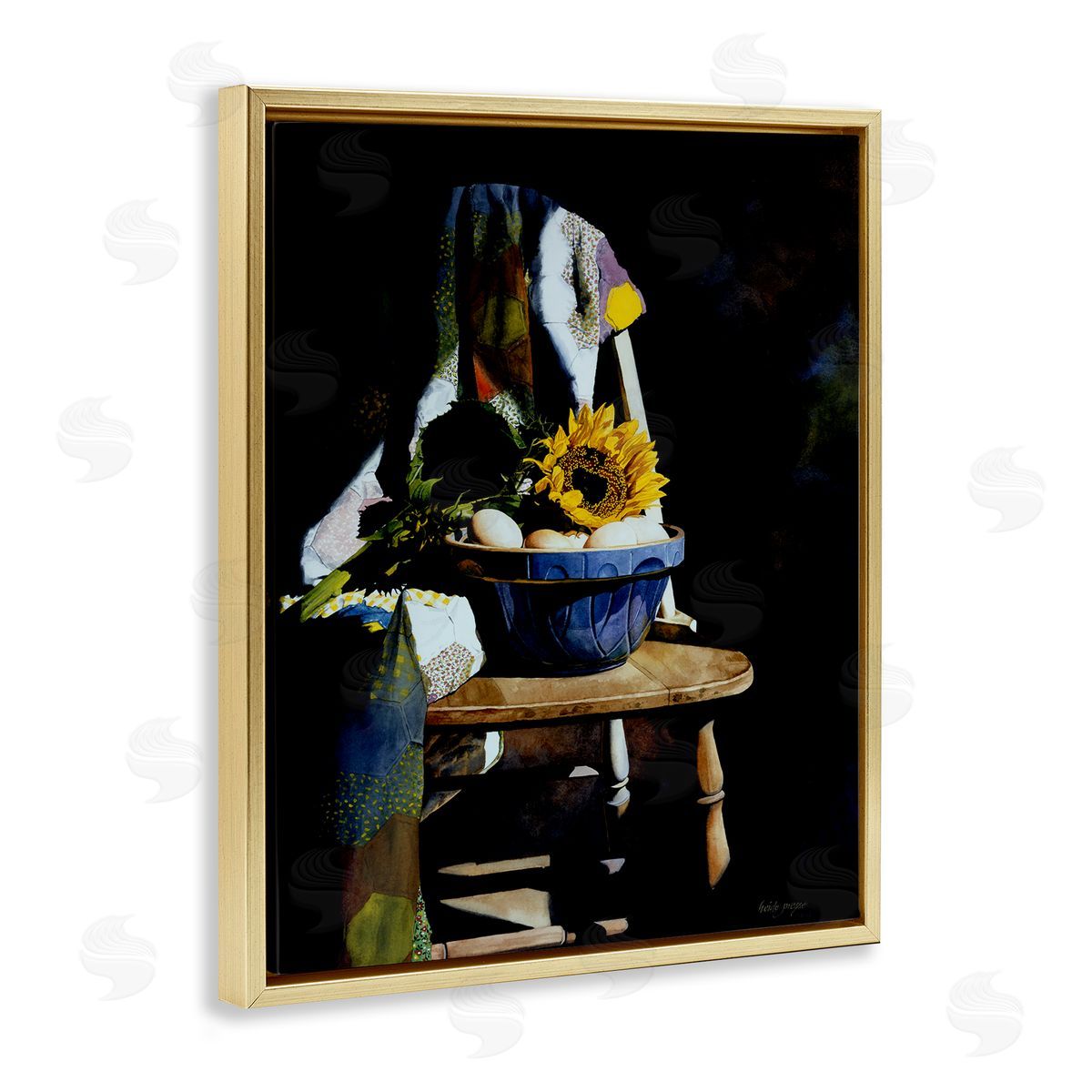 Heide Presse Sunflower Chair Dark Still Life Gold Floater Frame Canvas Art