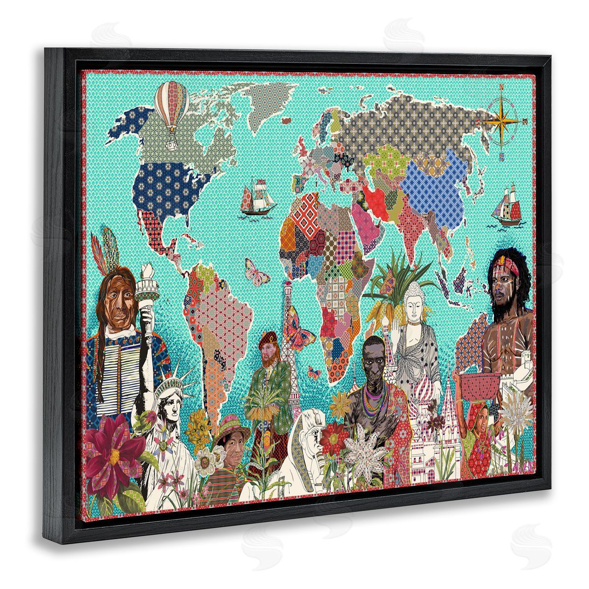 Sangita Bachelet Geometric Pattern World Map Black Floater Frame Canvas Art