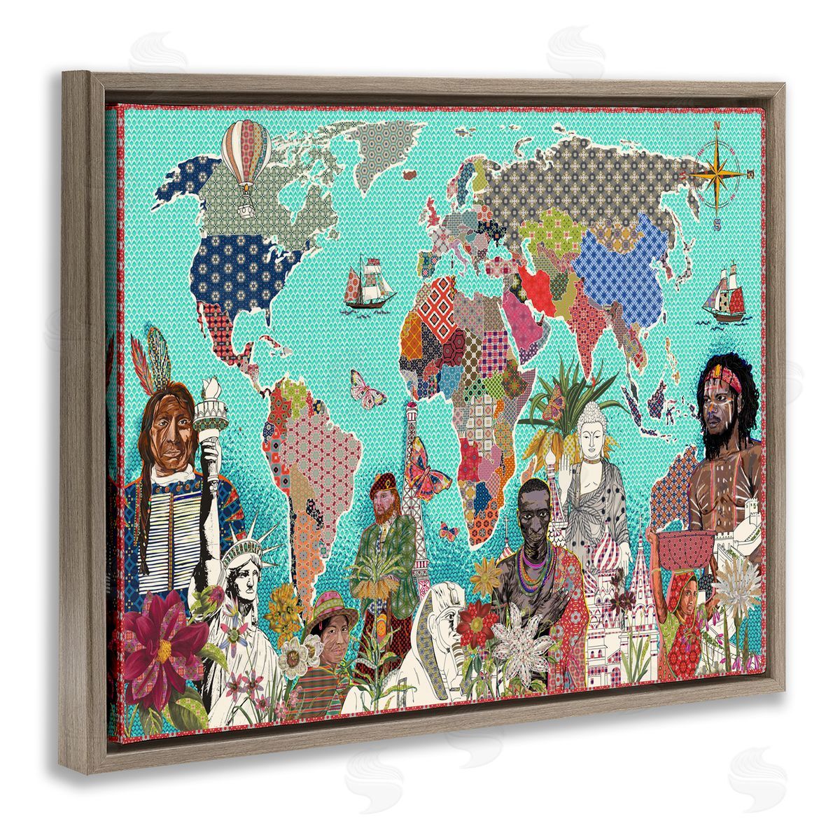 Sangita Bachelet Geometric Pattern World Map Brown Floater Frame Canvas Art