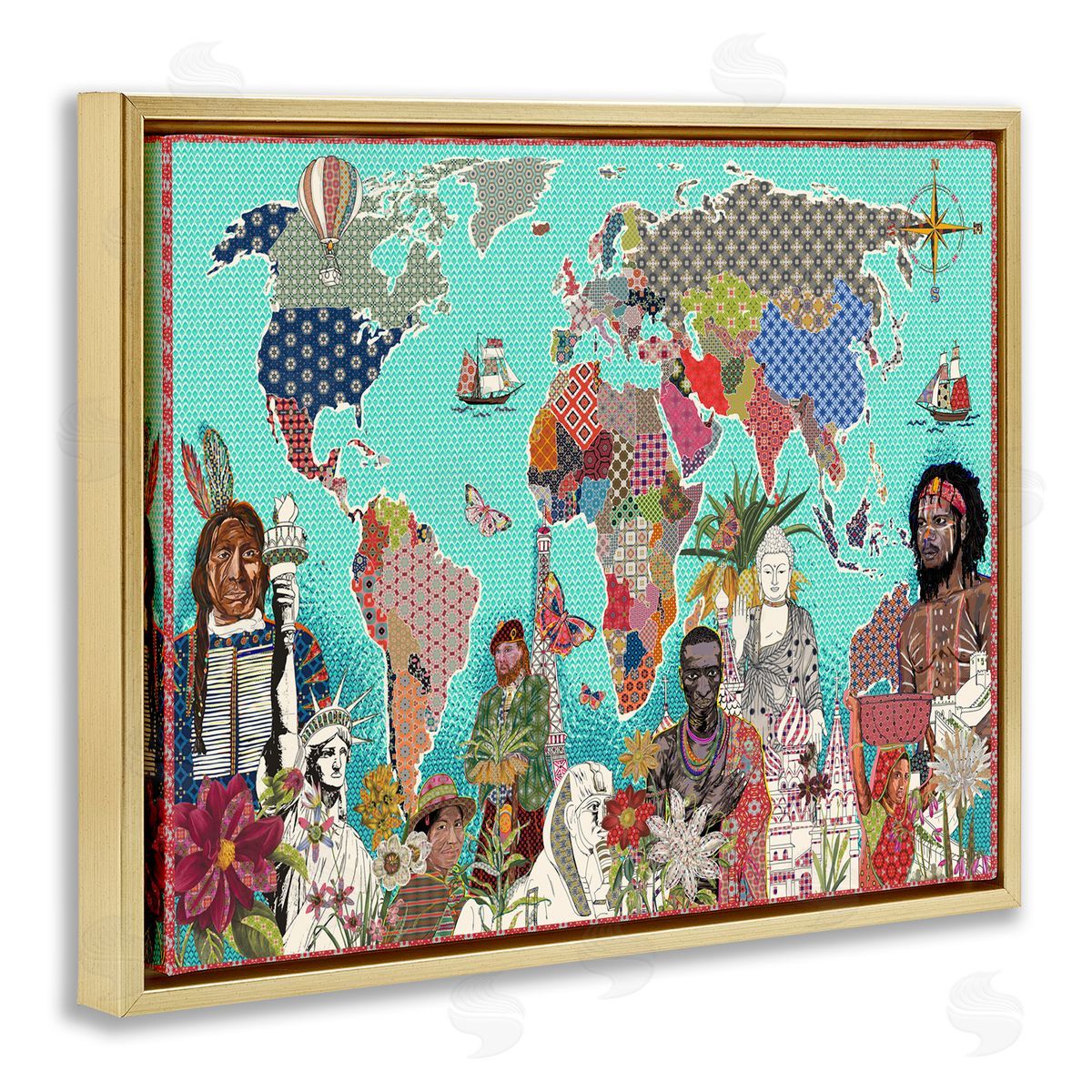 Sangita Bachelet Geometric Pattern World Map Gold Floater Frame Canvas Art